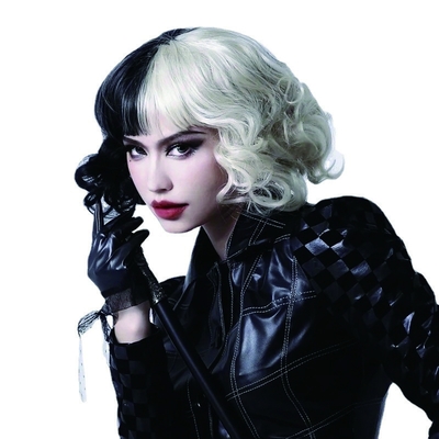Short Bouncy Curly Bang Hair Wig White And Black Cruella Cosplay Heat Resistant Fiber