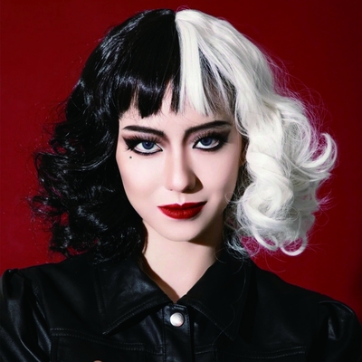 Short Bouncy Curly Bang Hair Wig White And Black Cruella Cosplay Heat Resistant Fiber