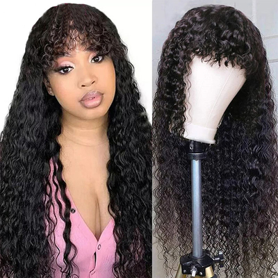Natural Black Grade 10A 100% Raw Virgin Human Hair Glueless Wigs with Bangs 150% Density