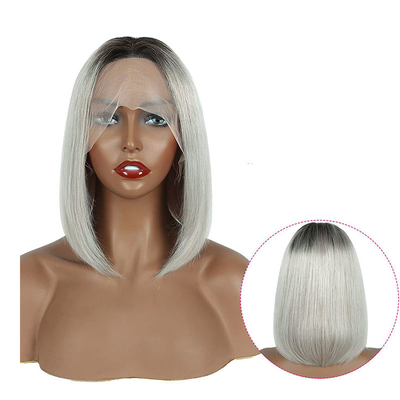 100% Human Hair Ombre Grey Short Bob Cut Pre Plucked HD Lace Front Wigs 250% Density