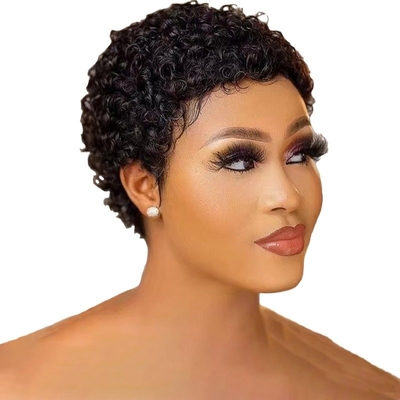 Short Afro Curly Brazilian Hair Machine Made Pixie Wig Natural Color for Black Women