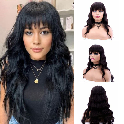 Machine Made 100% Virgin Cuticle Aligned Human Hair Loose Wave Curly Blunt Bangs Wig