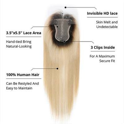 Silk Base European Ash Blonde Straight Clip On Human Hair Topper With Hd Lace For Women