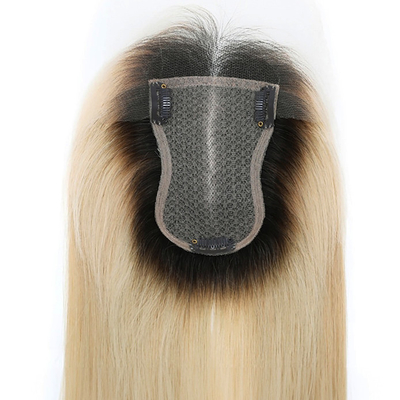 Silk Base European Ash Blonde Straight Clip On Human Hair Topper With Hd Lace For Women