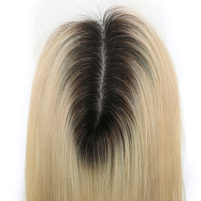 Silk Base European Ash Blonde Straight Clip On Human Hair Topper With Hd Lace For Women