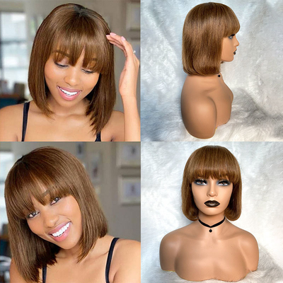 Short Virgin Brazilian Human Hair Bob Wigs with Bangs Remy Hair Grade Average Size Cap