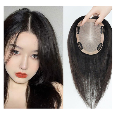 18 Inches European Natural Real Free Part Silk Base Human Hair Clip In Topper for Women