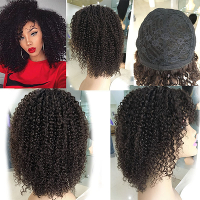Light Brown Bouncy Curly Human Hair Wigs with Bangs Peruvian Remy Afro Kinky Curls