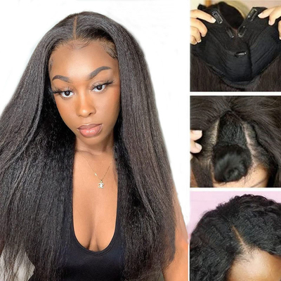 Wigs Length Long V Part Glueless Afro Kinky Straight Human Hair Wig 250% Density