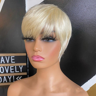 250g-450g Glueless Natural Human Hair Pixie Cut Short Bone Straight Wigs for White Women