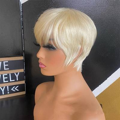 250g-450g Glueless Natural Human Hair Pixie Cut Short Bone Straight Wigs for White Women