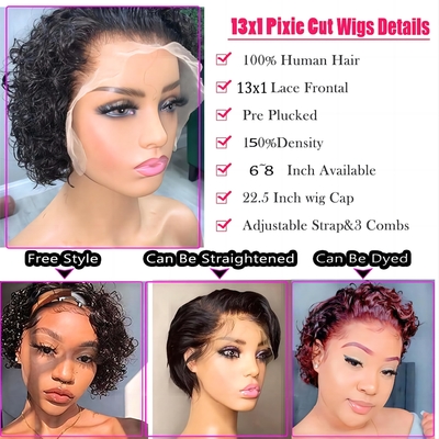 8inch Human Hair Wigs 360 Lace Front Pixie Curls Wig for Soft and Shiny Hair