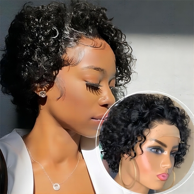 8inch Human Hair Wigs 360 Lace Front Pixie Curls Wig for Soft and Shiny Hair