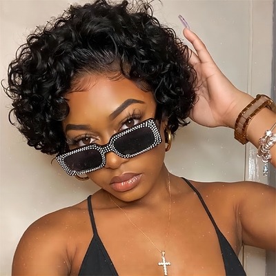 8inch Human Hair Wigs 360 Lace Front Pixie Curls Wig for Soft and Shiny Hair